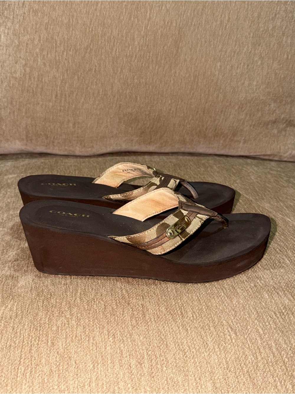 Coach Brown and Tan Signature Wedge Thong Sandals